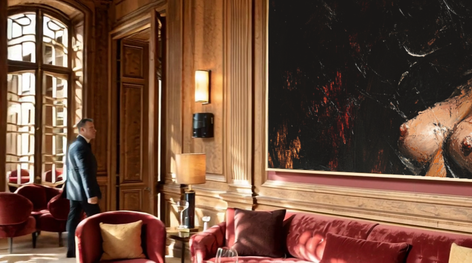 Vue latérale de la Villa Solstice avec la toile monumentale d’Anna Nativel contrastant avec les boiseries 
